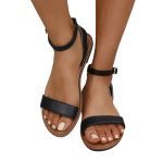 Women's minimalist black ankle strap sandals with gold buckle