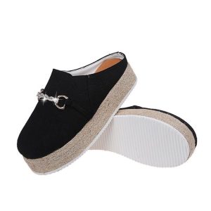 Women's black thick bottom platform flats on a white background.