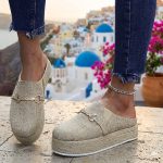 Women's platform mule espadrilles with tan linen upper and gold chain link detail on a chunky jute rope sole.