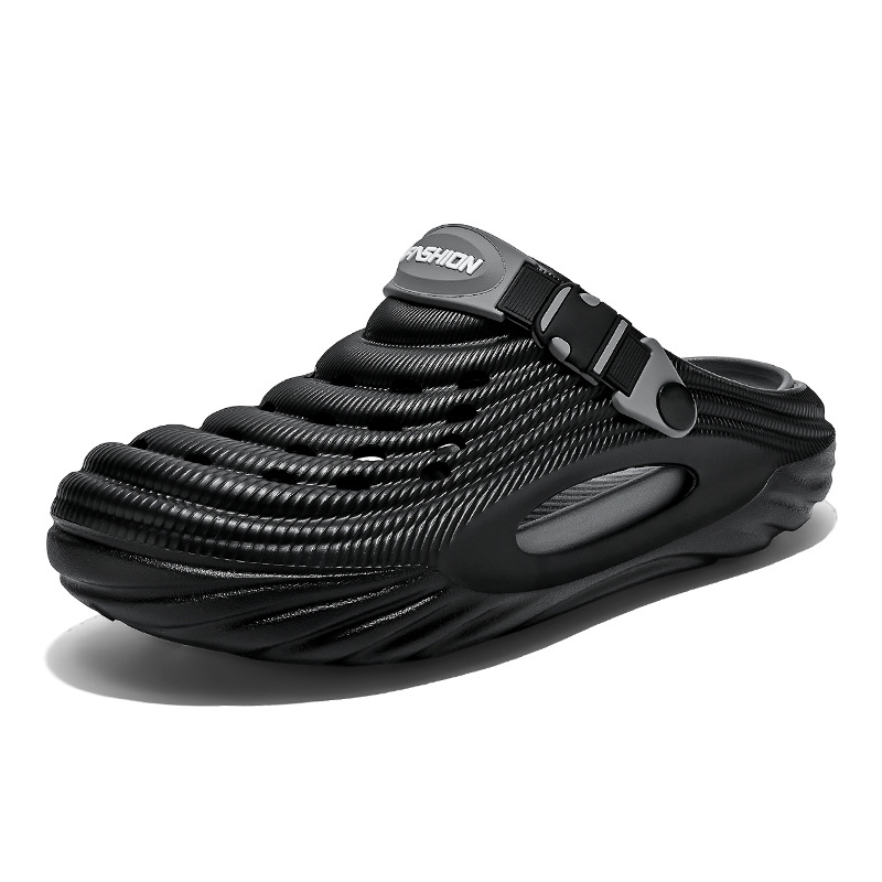 Black closed-toe Men's recovery slides with non-slip, chunky EVA sole.