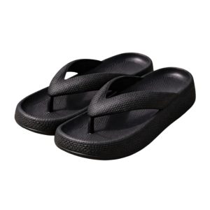 black thick bottom flip flops with ergonomic platform cloud sole for beach wear.