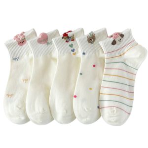 5-pair pack of white ankle socks with embroidered animals, hearts, bows, polka dots, and stripes.