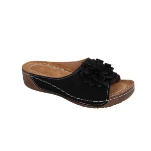 Black women's flower wedge sandals with orthopedic arch support and floral design.