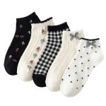 5-pair pack of Coquette ruffle ankle socks featuring floral prints, polka dots, gingham bows, and cottagecore styles.