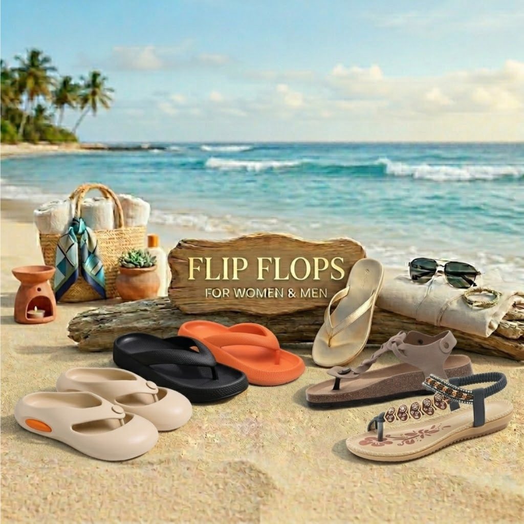 A collection of women's and men's flip-flops and sandals displayed on a sandy beach. Includes cream-colored athletic flip-flops, black and orange platform thong sandals, a metallic gold thong sandal, a brown strappy sandal, and a highly decorated beaded sandal, all arranged on a piece of driftwood. In the background are a beach tote, towels, sunglasses, a ceramic diffuser, and the ocean under a cloudy sky.