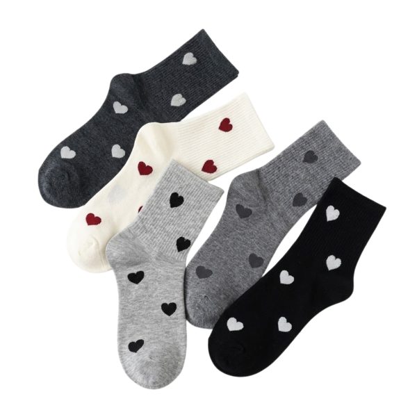 5-pair bundle of neutral-toned ribbed crew socks featuring minimalist heart patterns in black, grey, and cream.