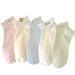 5-pair bundle of Kawaii puppy ankle socks in pastel colors with paw print and puppy embroidery.