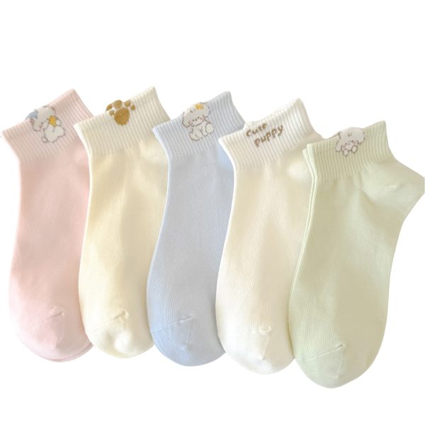 5-pair bundle of Kawaii puppy ankle socks in pastel colors with paw print and puppy embroidery.