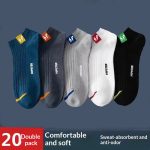 A 20-pack bundle of Men's Short Socks, highlighting the comfortable, soft, sweat-absorbent, and anti-odor features.