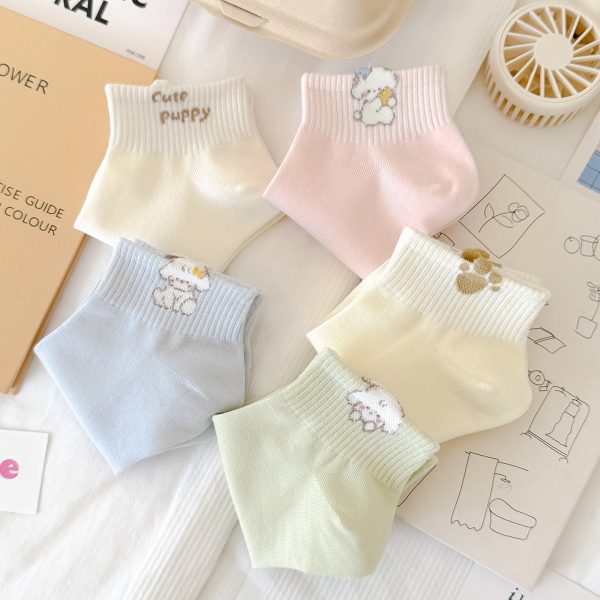 5-pair bundle of Kawaii puppy ankle socks in pastel colors with paw print and puppy embroidery.