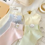 5-pair bundle of Kawaii puppy ankle socks in pastel colors with paw print and puppy embroidery.