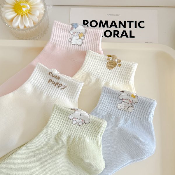 5-pair bundle of Kawaii puppy ankle socks in pastel colors with paw print and puppy embroidery.