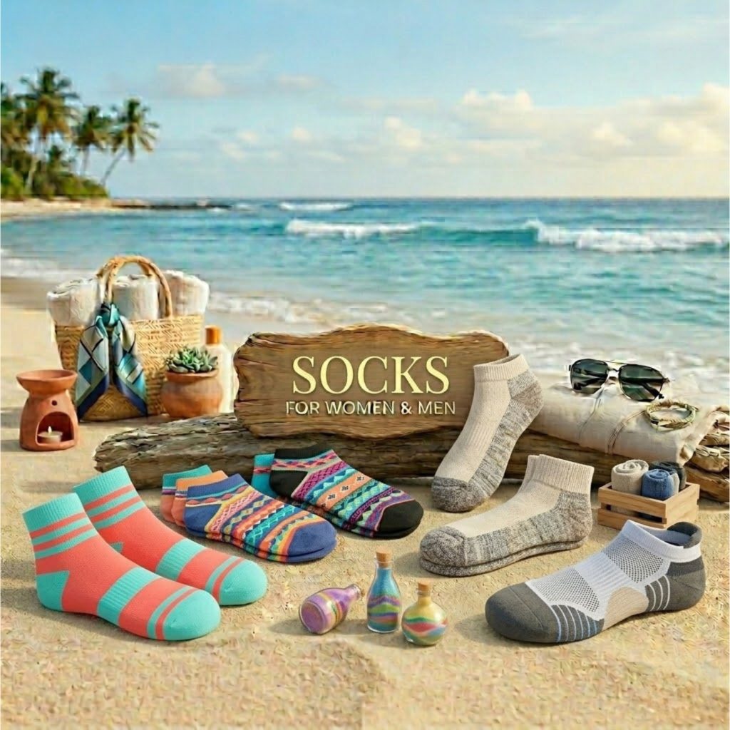Various styles of socks for women and men displayed on a tropical beach, with an ocean background, a 'SOCKS FOR WOMEN & MEN' wooden sign, novelty pairs with coral/aqua stripes and Aztec patterns, heathered athletic socks, a white mesh pair, and glass bottles with colorful sand.