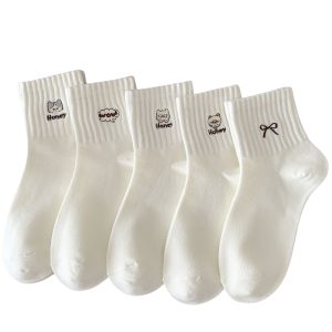 white-cute-cat-bow-socks Cute white crew socks with cat and bow embroidery.