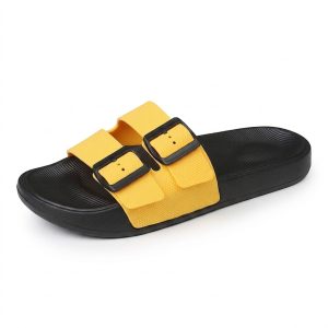 yellow-black-mens-comfort-slides Bright yellow men's comfort slides with thick-bottom orthopedic sole.