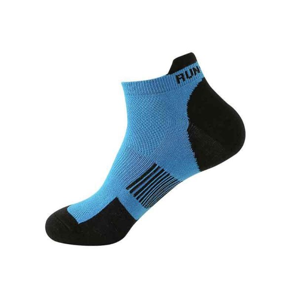 A single blue athletic running sock with black heel and toe reinforcement.