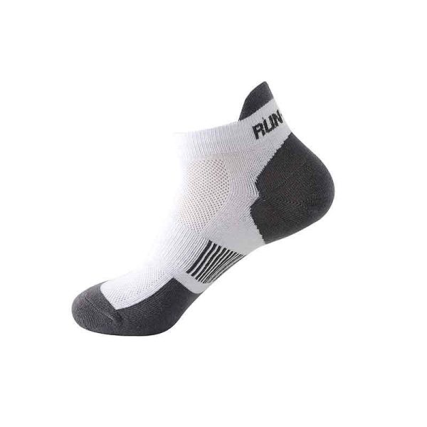 A single white athletic running sock with gray heel and toe reinforcement.