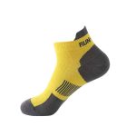 A single yellow athletic running sock with gray heel and toe reinforcement.