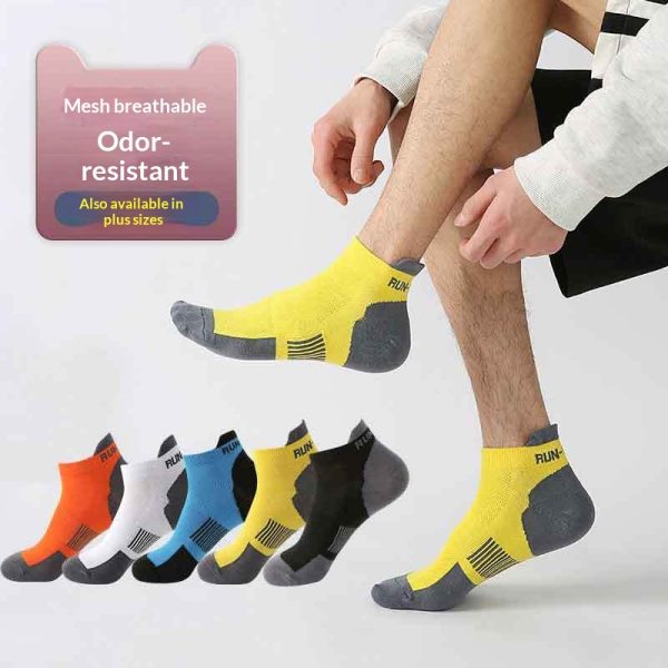 A display of colorful athletic running socks featuring mesh breathability and odor-resistant fabric.
