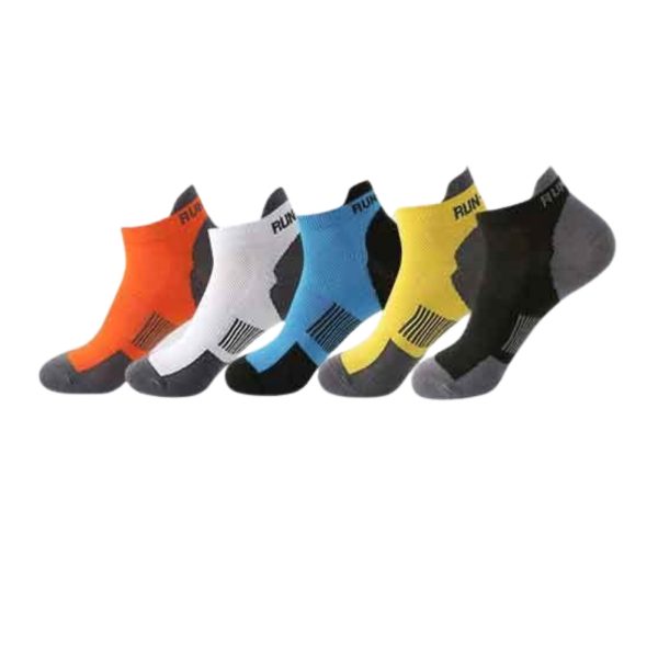 A lineup of Men’s compression socks in vibrant orange, white, blue, yellow, and black colors.