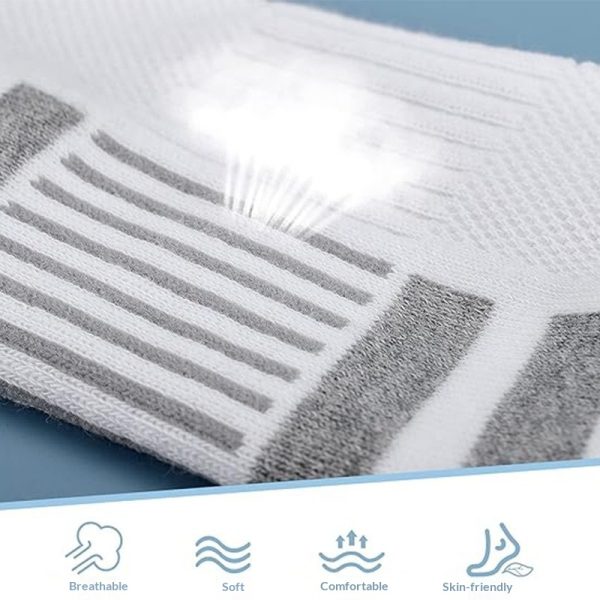 Close-up of athletic sock fabric showing breathability features and performance icons.