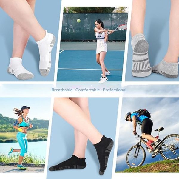 A lifestyle collage showing men's athletic socks worn during sports like tennis, running, and cycling.