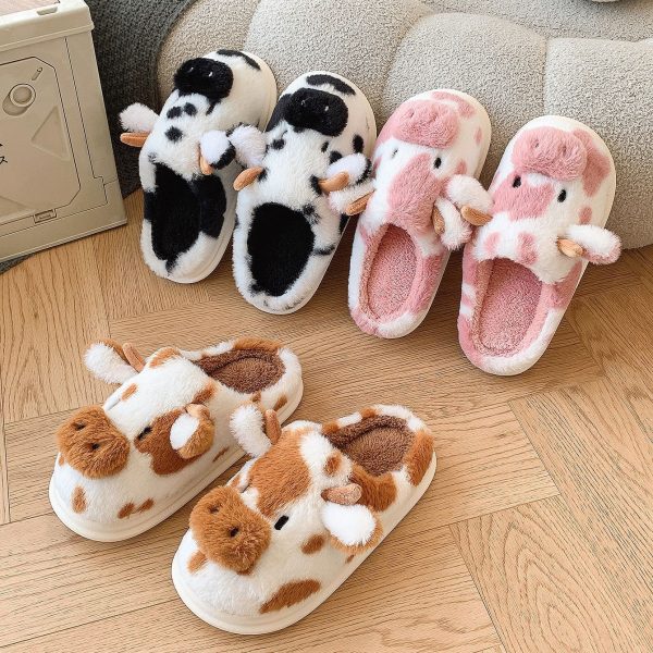 Cute fuzzy cow slippers with plush cartoon design