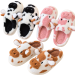 Cute fuzzy cow slippers with plush cartoon design