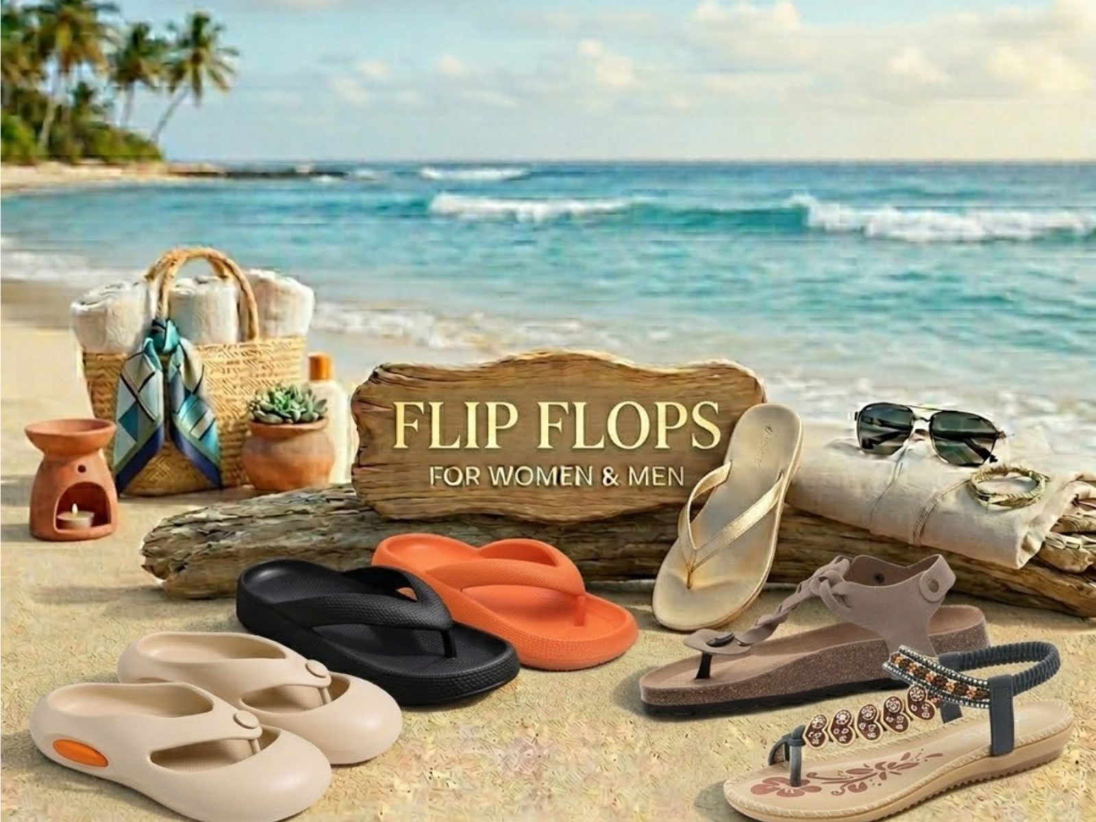 A collection of women's and men's flip-flops and sandals displayed on a sandy beach. Includes cream-colored athletic flip-flops, black and orange platform thong sandals, a metallic gold thong sandal, a brown strappy sandal, and a highly decorated beaded sandal, all arranged on a piece of driftwood. In the background are a beach tote, towels, sunglasses, a ceramic diffuser, and the ocean under a cloudy sky.