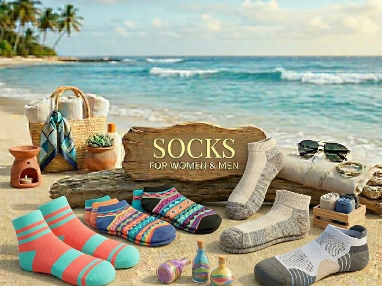 Various styles of socks for women and men displayed on a tropical beach, with an ocean background, a 'SOCKS FOR WOMEN & MEN' wooden sign, novelty pairs with coral/aqua stripes and Aztec patterns, heathered athletic socks, a white mesh pair, and glass bottles with colorful sand.